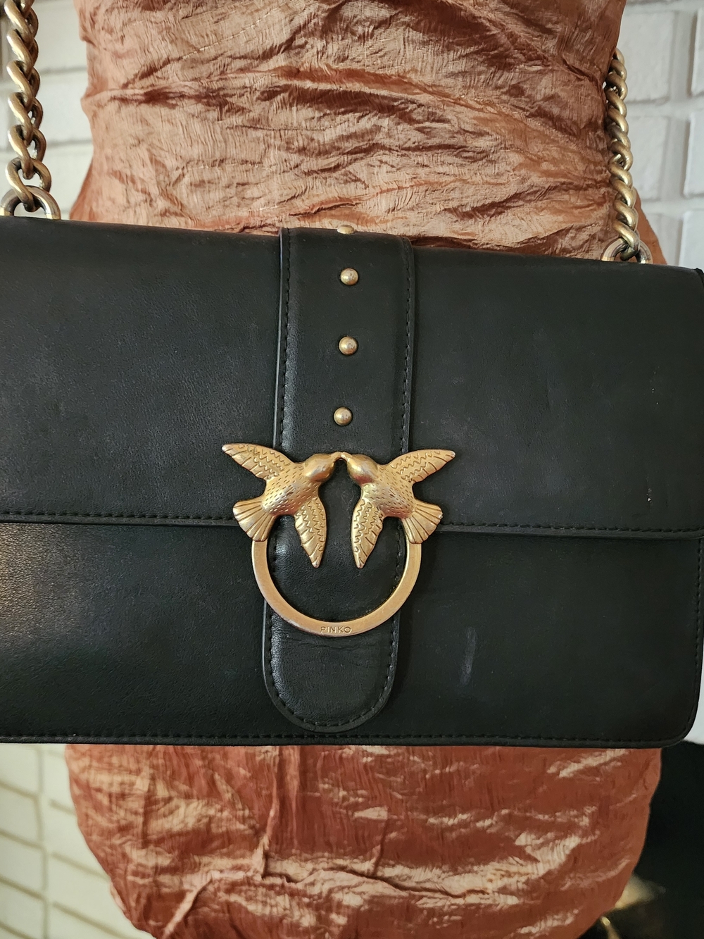 Pinko Black Leather Love Birds Chain Shoulder Bag